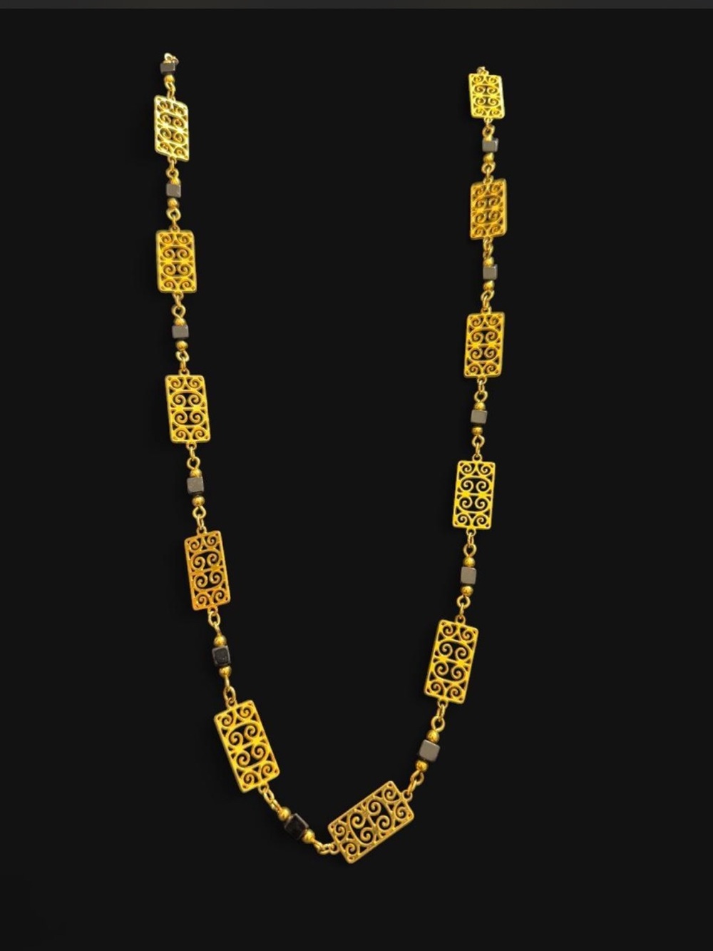 Gold Filigree Rectangle Bead Necklace with Black Accents - Women Jewelry